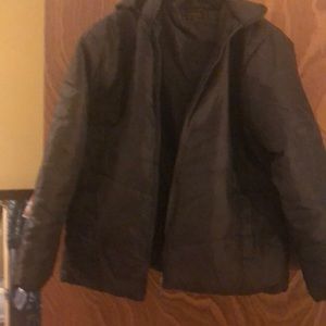 Brown coat with removable hood.